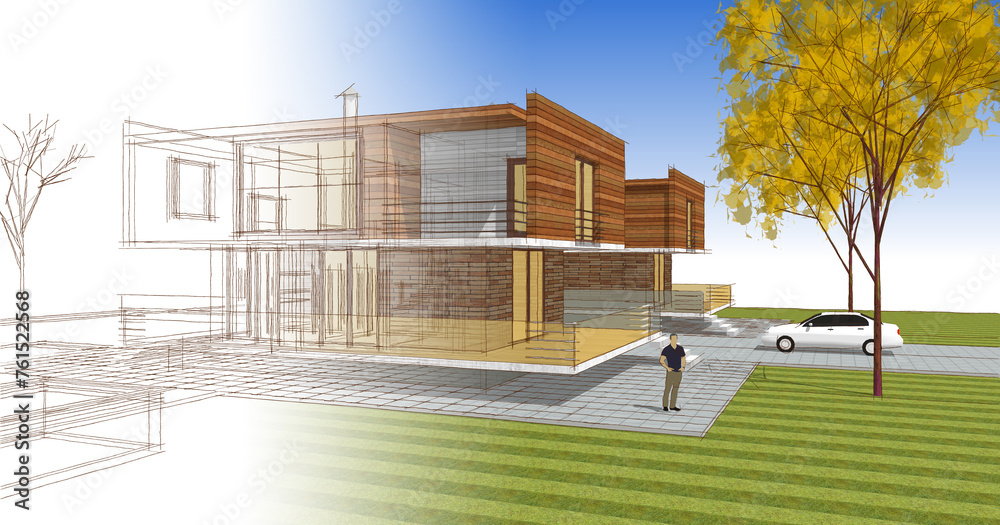 Fototapeta premium townhouse architectural sketch 3d illustration 