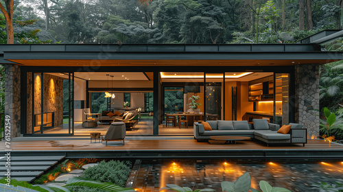 Modern House Exterior at Twilight with Forest Background