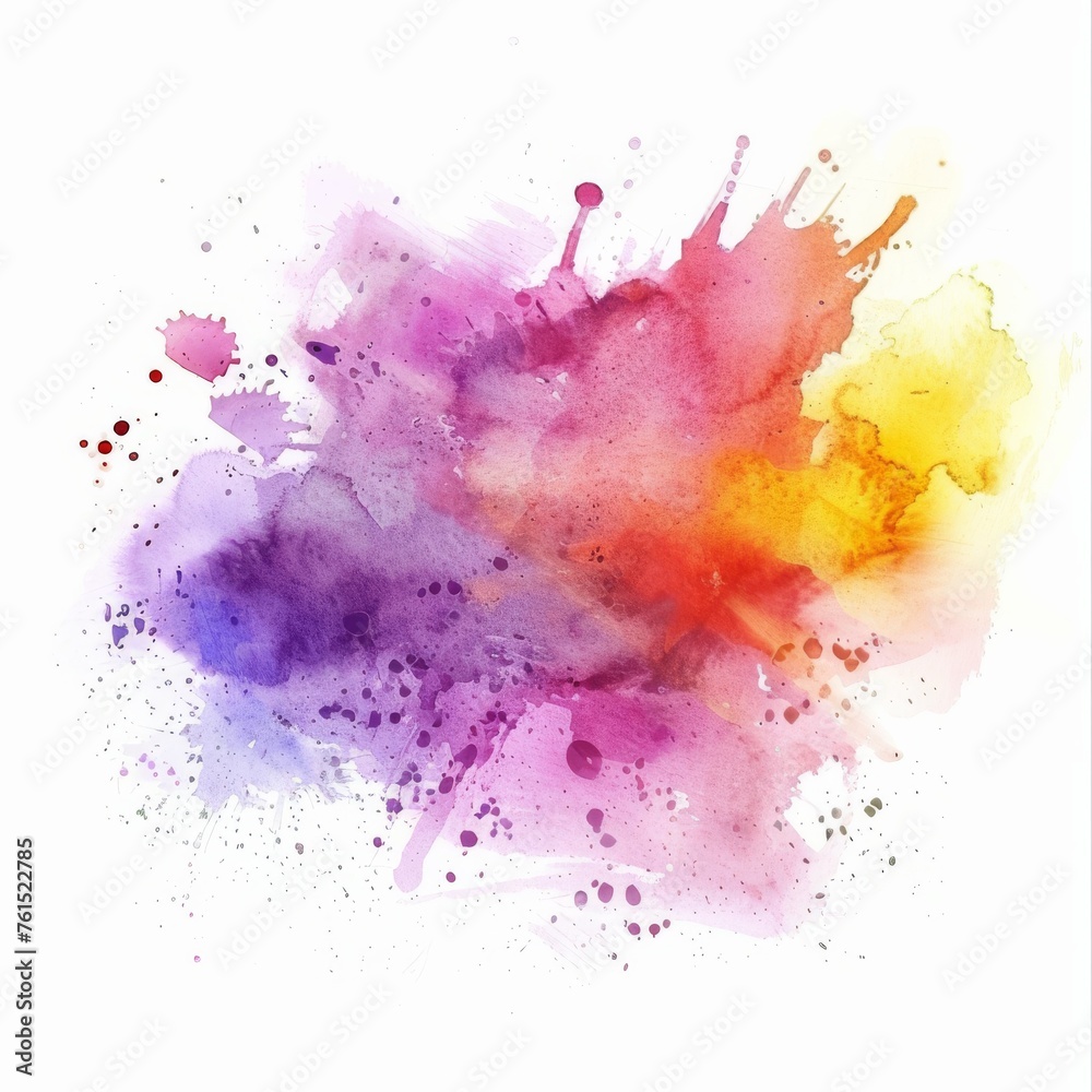Vivid watercolor splatter blending warm and cool tones, depicting energy and passion against a stark white background.