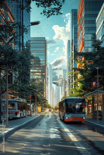 Urban scene with bus driving by tall buildings. Suitable for transportation concepts