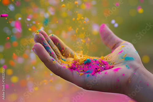 Hand holding handfuls of Holi powder colors, ready to add to the festivities of the festival