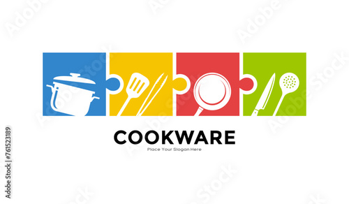 Puzzle cookware logo vector template. Suitable for business, food, culinary, kitchen utensils