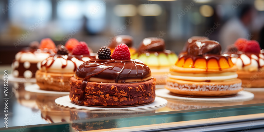 Naklejka premium Delicious desserts are placed on glass display case. Sweet cakes from pastry shop. Desserts with chocolate cream and berries