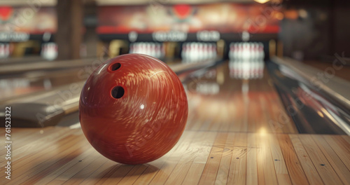 A bowling ball resting on a wooden floor. Suitable for sports and leisure concepts