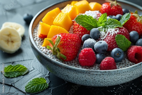 Hands holding a bowl of chia pudding with raspberries  blueberries  and mango.