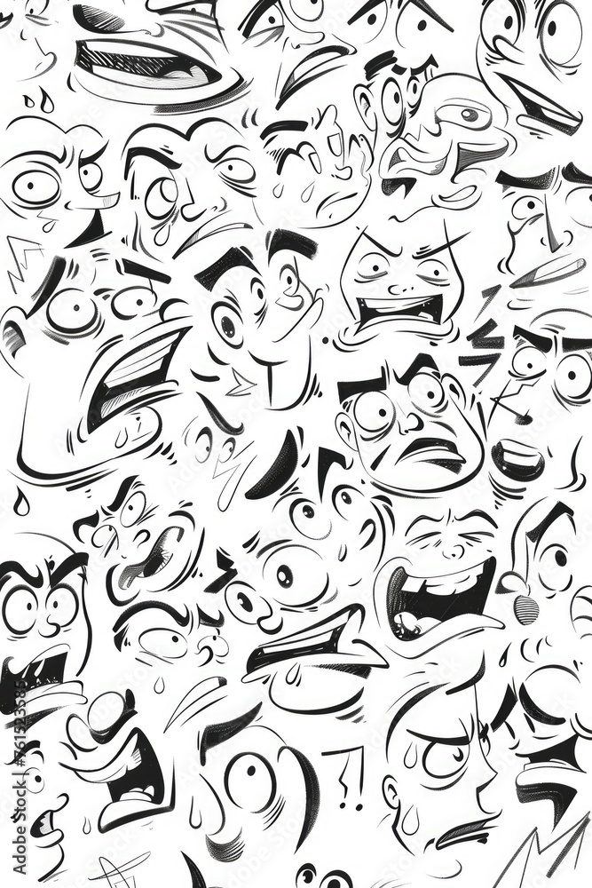 A group of various cartoon faces in black and white. Suitable for graphic design projects