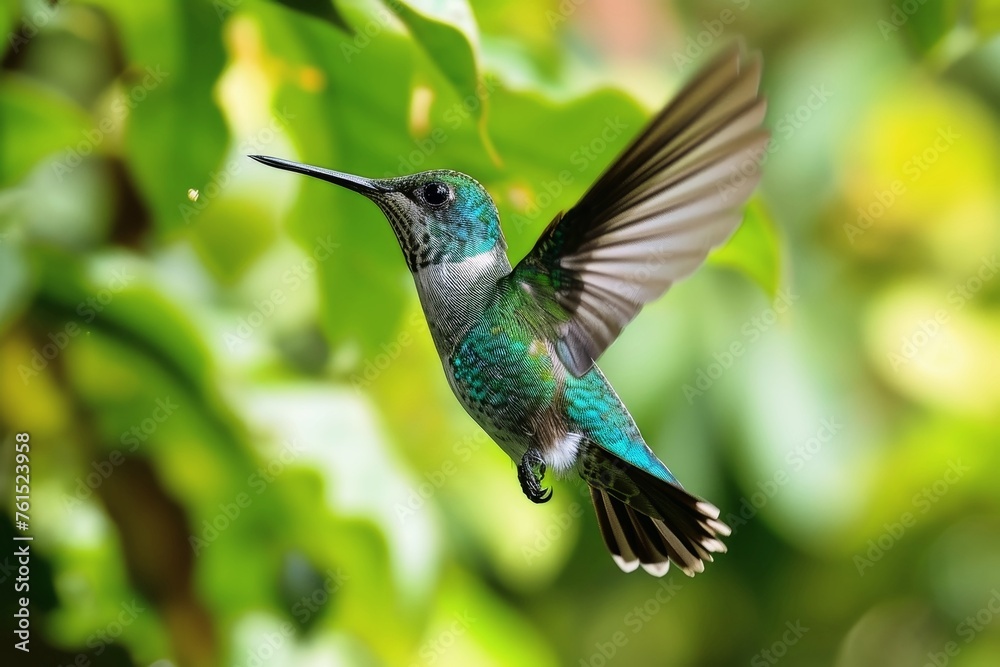 A hummingbird in flight looking for nectar in the jungle.