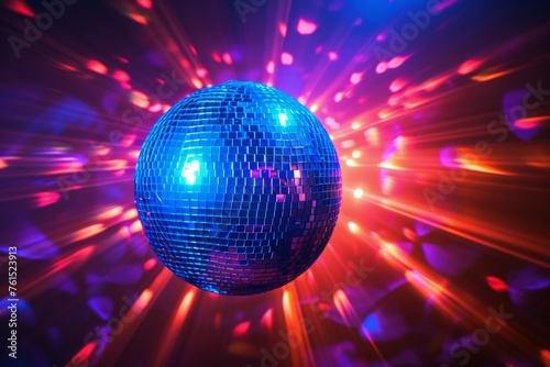 A disco ball with reflecting light beams on a dark background.