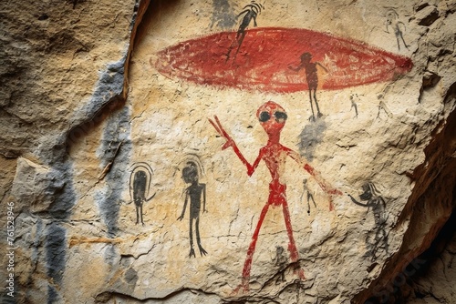 A fictional cave painting from prehistoric times shows an alien and a UFO.