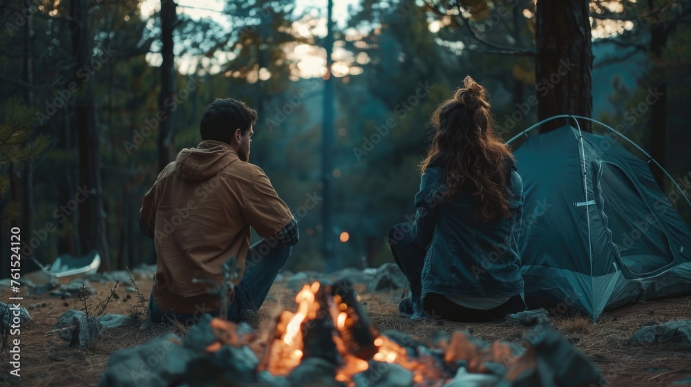 Fototapeta premium A man and a woman sitting next to a campfire. Suitable for outdoor and leisure concepts