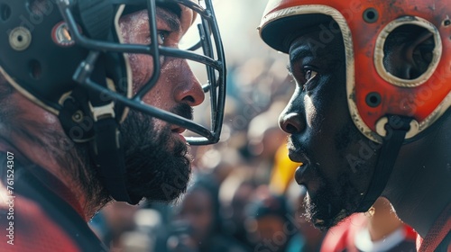 Two football players facing each other with helmets on. Suitable for sports and competition concepts photo