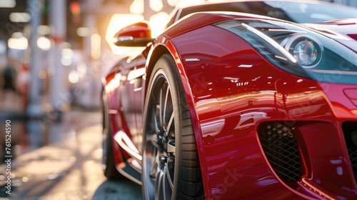 A vibrant red sports car parked on a busy city street. Perfect for automotive and urban themes