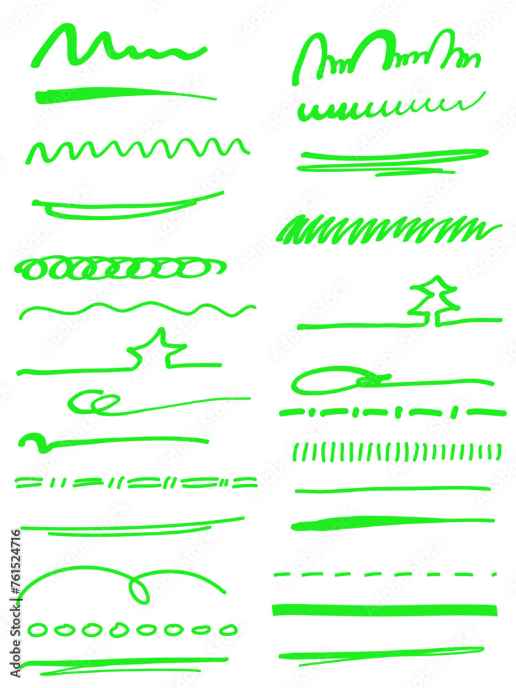 Green grunge brushes set of underlines strokes of marker brush style. Doodle strokes set. Green grunge brushes set of underlines strokes of marker brush style. Doodle strokes set.