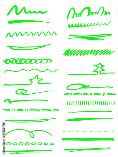 Green grunge brushes set of underlines strokes of marker brush style. Doodle strokes set. 