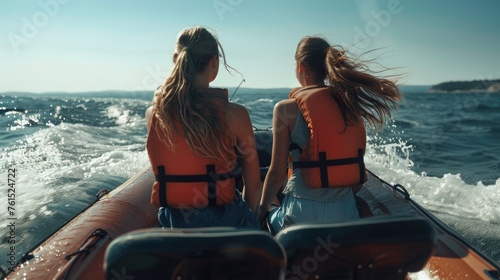 Two women in life jackets riding in a boat. Suitable for outdoor activities promotion © Fotograf