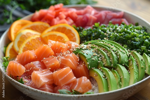 Rainbow sushi bowl with tuna, salmon, avocado, and cucumber on rice.