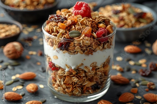 Layered granola parfait with yogurt, raspberries, and almonds in a clear glass.