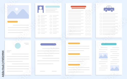 Set of office documents in flat design, Simple design document icon, Check list sheet, Picture image on paper document, Car checklist paper, Vector illustration.