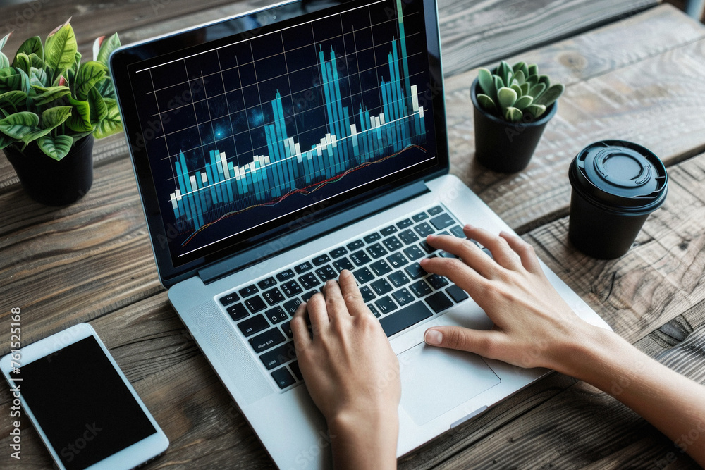 Fototapeta premium Stock trading investor trader broker using crypto exchange platform analyzing chart data on screen. Online investing money in financial market prices indexes analysis and forecast background.