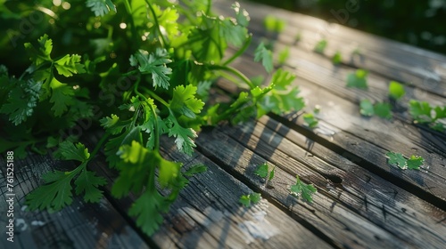 Fresh green leaves arranged on a rustic wooden table. Suitable for nature and eco-friendly concepts