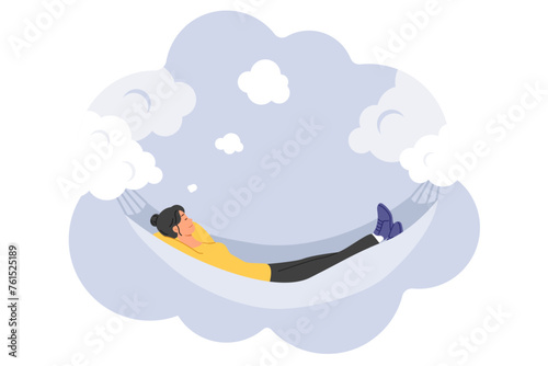 Woman sleeps in hammock suspended on clouds, having good dreams and filling herself with energy before new working day. Fantastic dream of girl flying in sky and enjoying wonderful dreams