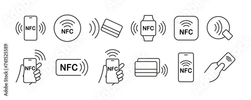 Nfc icon set. Contactless wireless pay sign logo. NFC payments icon for apps. Contactless NFC payment sign. NFC payment with smartphone icons. Vector illustration