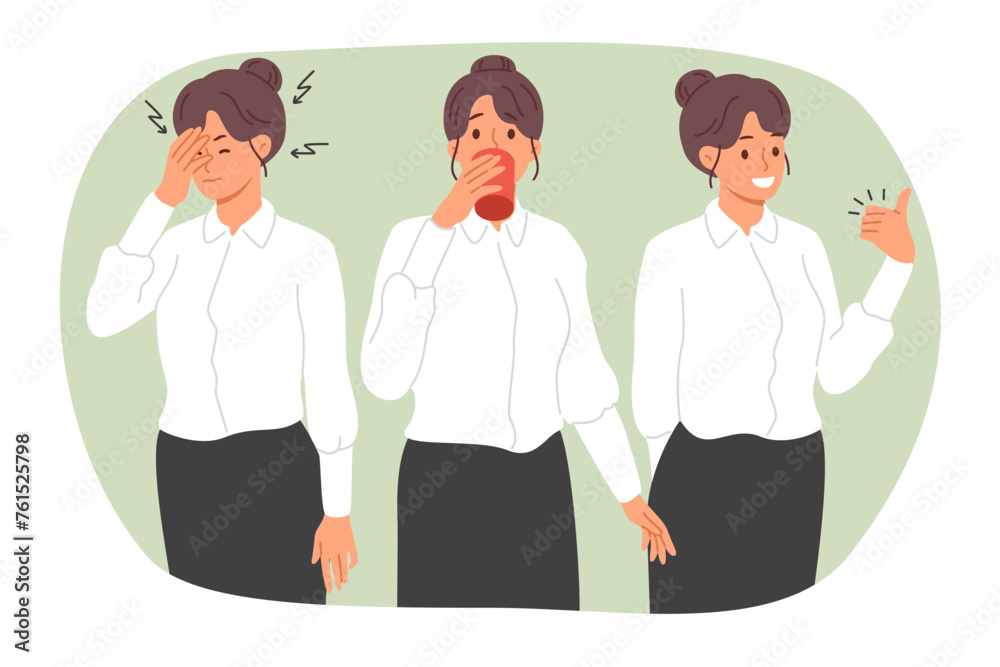 Business woman with headache or migraine drinks medicine and feels better, showing thumbs up gesture. Girl office clerk before and after taking headache pills, ready to start work. Business woman with headache or migraine drinks medicine and feels better, showing thumbs up gesture. Girl office clerk before and after taking headache pills, ready to start work.