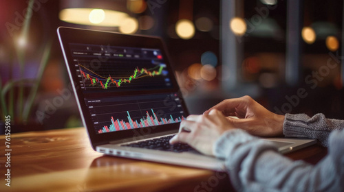 Stock trading investor trader broker using crypto exchange platform analyzing chart data on screen. Online investing money in financial market prices indexes analysis and forecast background. photo