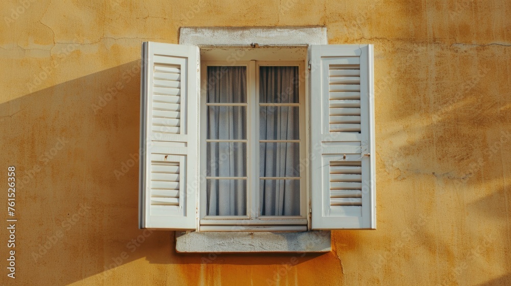Window with white shutters on a yellow wall. Suitable for home decor concepts