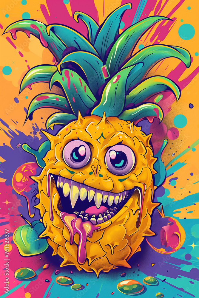 Pineapple monster wears sunglasses with colorful background. poster summer concept