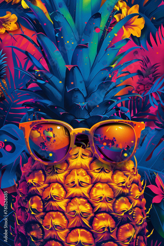 Pineapple monster wears sunglasses with colorful background. poster summer concept