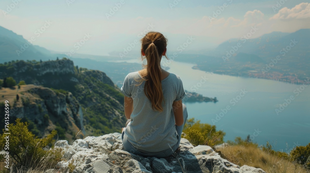 A woman sitting on a rock overlooking a serene lake. Suitable for nature and relaxation concepts