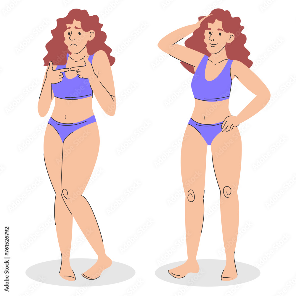 Shy and confident woman in swimwear vector isolated. Illustration of a woman in two different positions. Smiling female character. Shy and confident woman in swimwear vector isolated. Illustration of a woman in two different positions. Smiling female character.