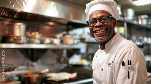 African American chef smiling in clean restaurant kitchen