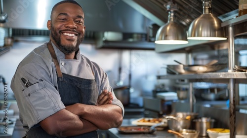 African American chef smiling in clean restaurant kitchen