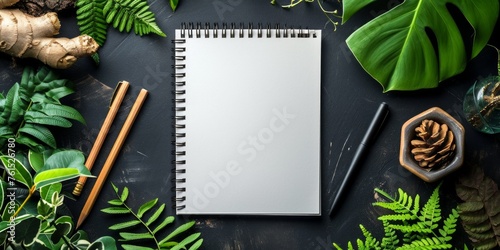 A notepad and pencil placed on a table among various lush green plants.