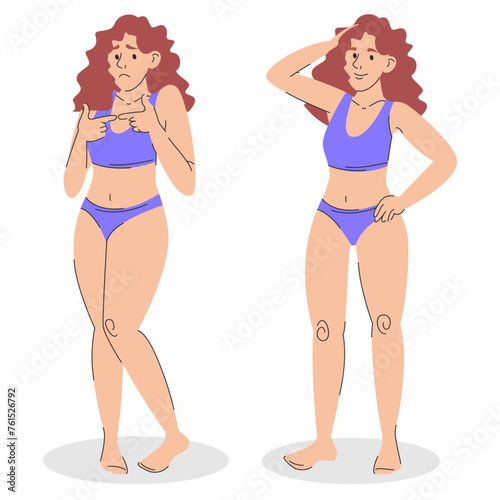 Shy and confident woman in swimwear vector isolated. Illustration of a woman in two different positions. Smiling female character.