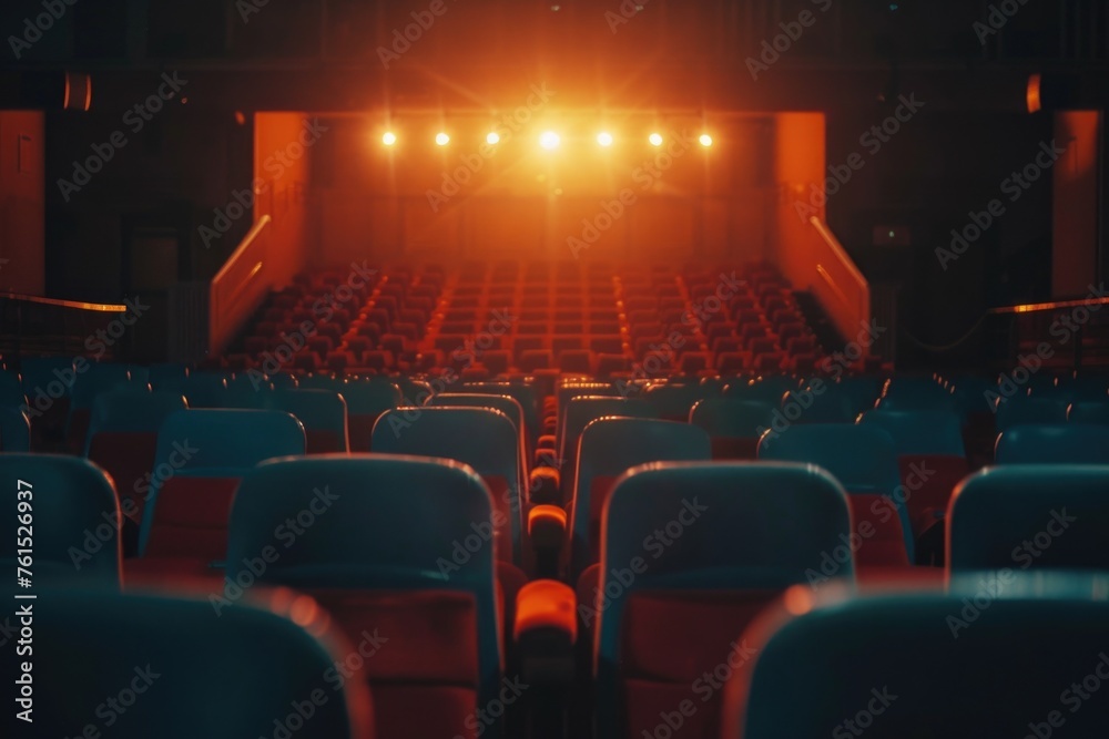A deserted theater with vibrant red seats and dazzling lights. Ideal for theater or entertainment industry concepts