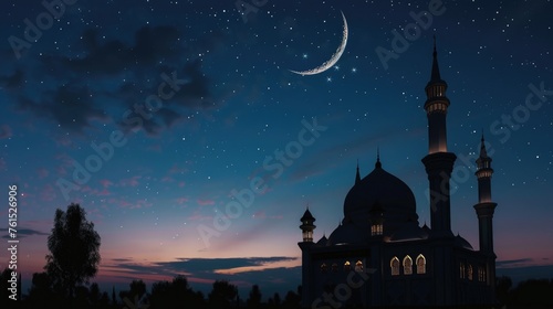 A serene night scene with a mosque and a crescent moon. Ideal for religious or spiritual concepts