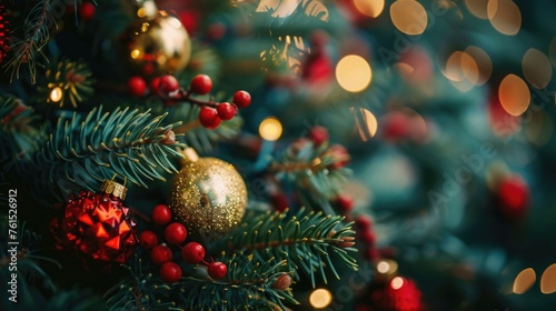 Close-up view of a Christmas tree with twinkling lights in the background. Perfect for holiday-themed designs and festive decorations