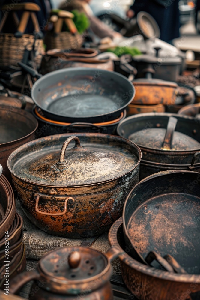 Various pots and pans arranged neatly on a table. Ideal for kitchen or cooking related projects Various pots and pans arranged neatly on a table. Ideal for kitchen or cooking related projects