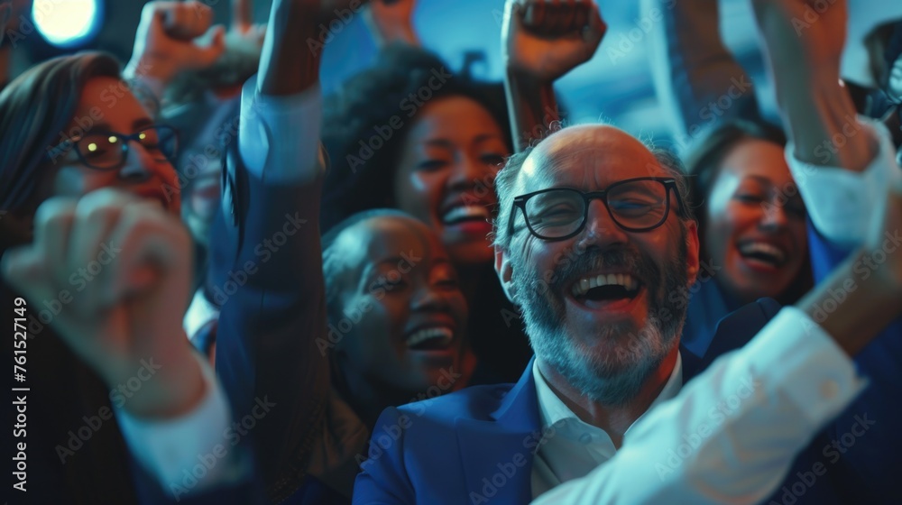 Fototapeta premium A diverse group of people raising their hands in the air. Suitable for team building concepts