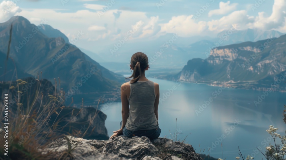 A woman sitting on a rock overlooking a tranquil lake. Perfect for nature and relaxation concepts A woman sitting on a rock overlooking a tranquil lake. Perfect for nature and relaxation concepts