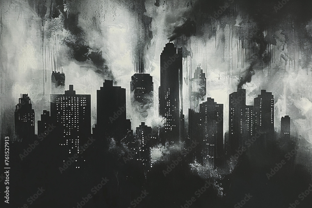 Black and white abstract cityscape with cloud-like smoke above buildings Black and white abstract cityscape with cloud-like smoke above buildings