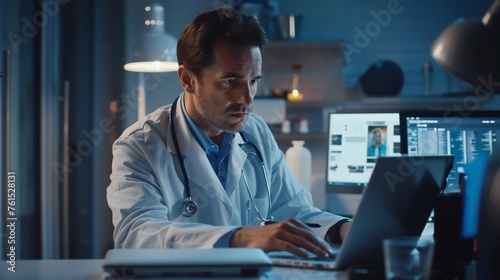 American doctor in medical uniform working with laptop.