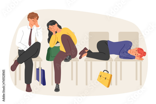 Line of people at labor exchange, sleeping on chairs and waiting for new vacant position in company. Former office employees became forced participants in labor exchange after wave of layoffs
