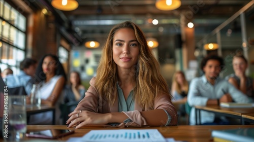 A businesswoman presenting a digital marketing strategy to her team   symbolizing leadership and expertise in digital marketing. Model aged 25-35   female   exuding confidence and professionalism.