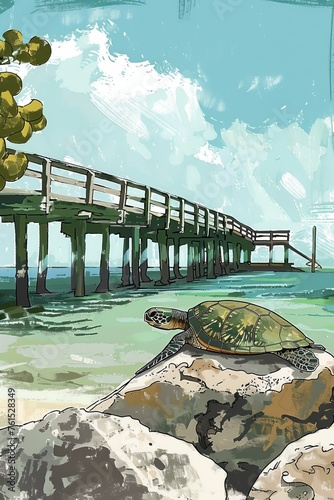 A painting depicting a turtle basking in the sun on a rock near a busy fishing pier. The turtles shell is vividly colored, and the pier is bustling with activity as people fish and boats come and go