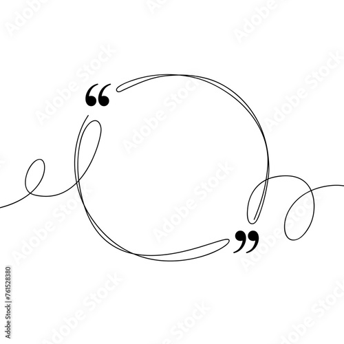 Quote frame.  Speech bubble line art. Continuous black lines with quotation marks. Hand drawn sketch outline. Vector illustration.