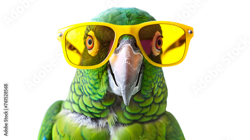Portrait of a green parrot wearing yellow sunglasses isolated on a white background